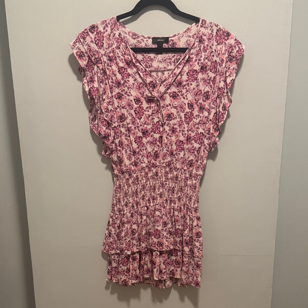 Aqua Pink Floral Ruffle Smocked Waist Blouse
